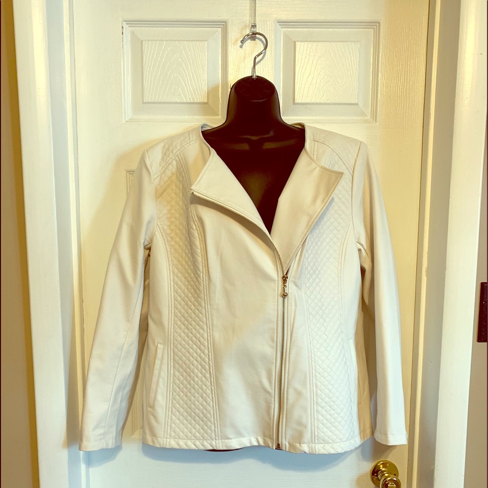 Dennis Basso White Quilted Moto Jacket Sz L